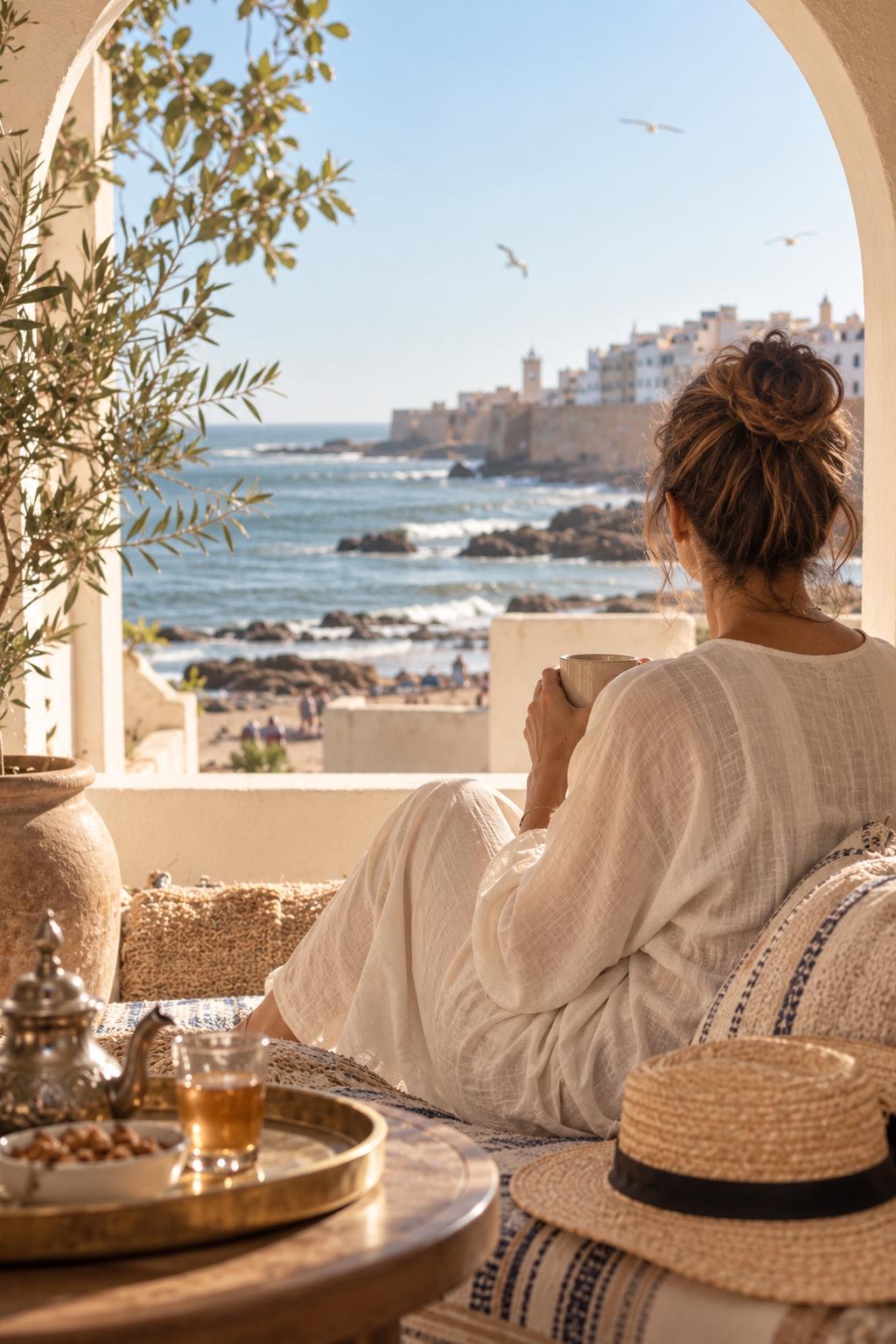 Vue sur la médina et l’océan depuis une terrasse d’Essaouira